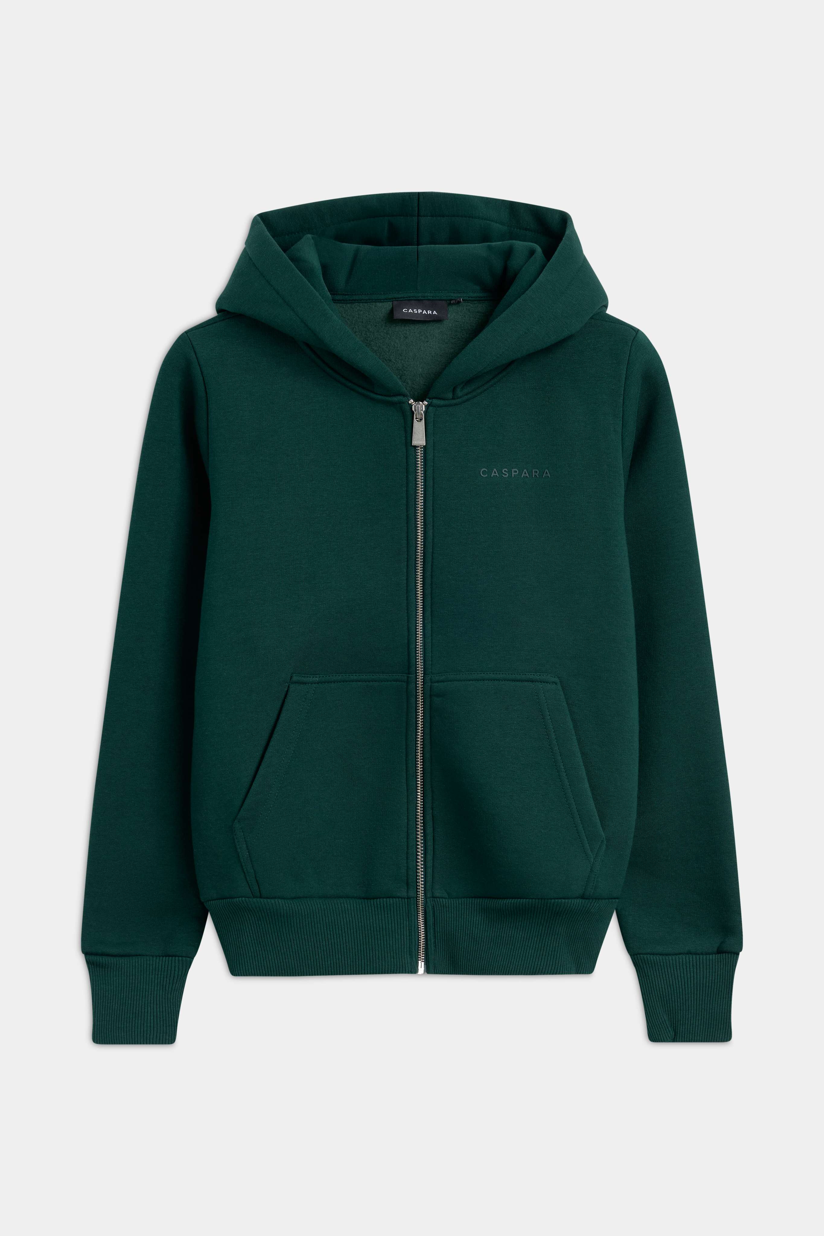 Front view of the CASPARA women's Cosmo zip hoodie in racing green on a light grey background.